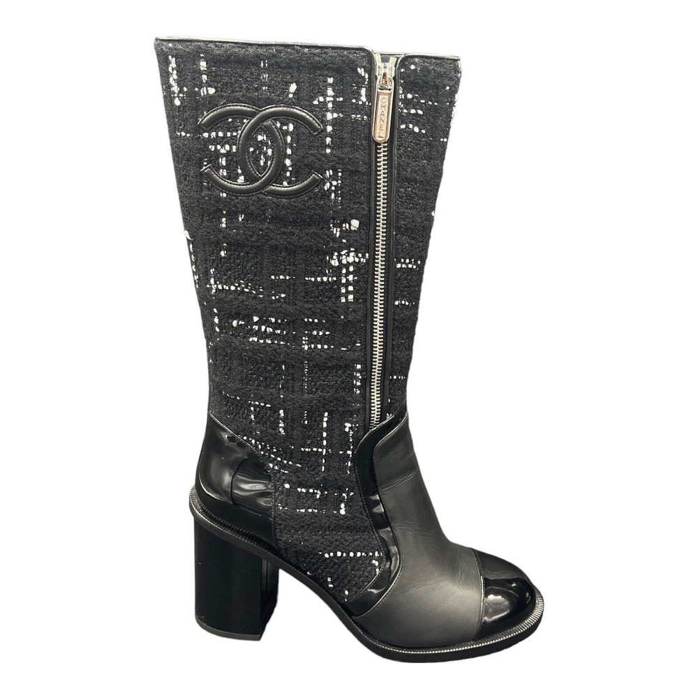 NIB $1800 CHANEL High Boots Black Patent/Leather/Tweed 39.5 (US 8-8.5)